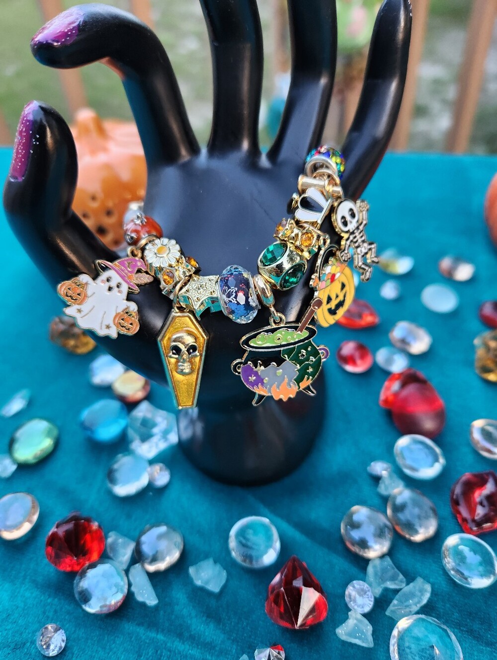 Halloween Charm Bracelet - Gold Tone with Green & Purple Enamel Charms